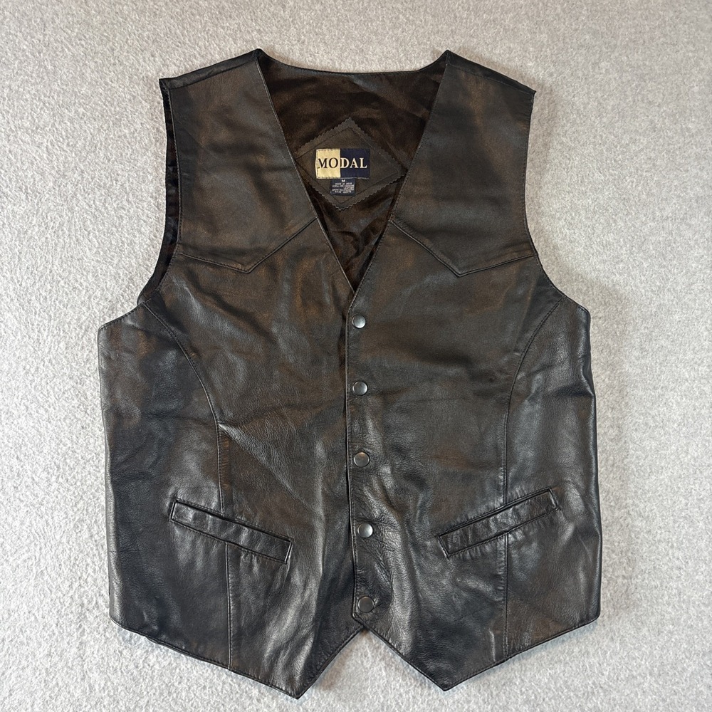 Vintage Modal Black Leather Vest Men's Large Western Biker Snap Front Yoke Sz M